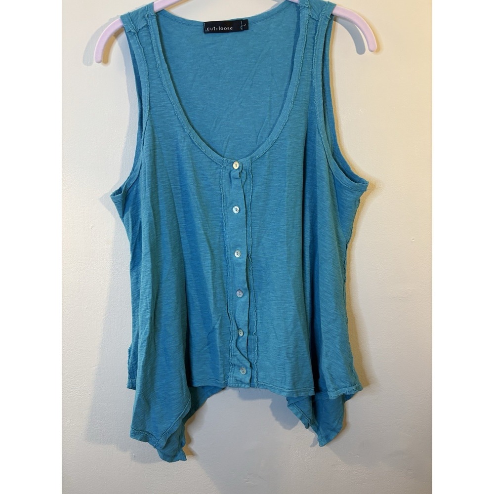 CUT LOOSE Turquoise Linen Cotton Knit‎ Button Up Tank Top L Lagenlook